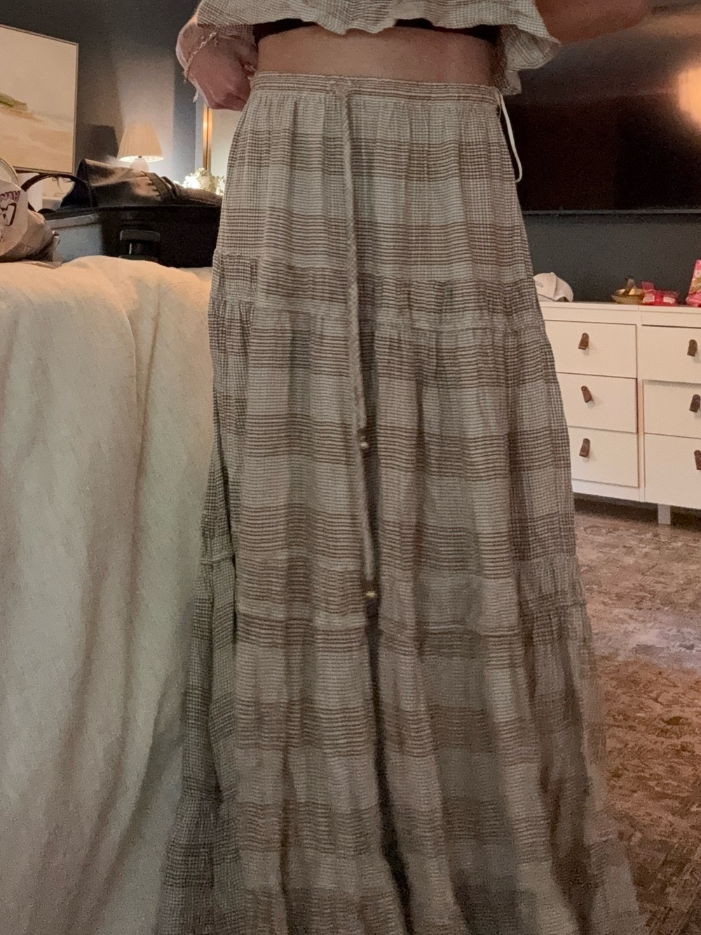 Free People Beige Plaid Tiered Maxi Skirt crop top set - Picture 2 of 10